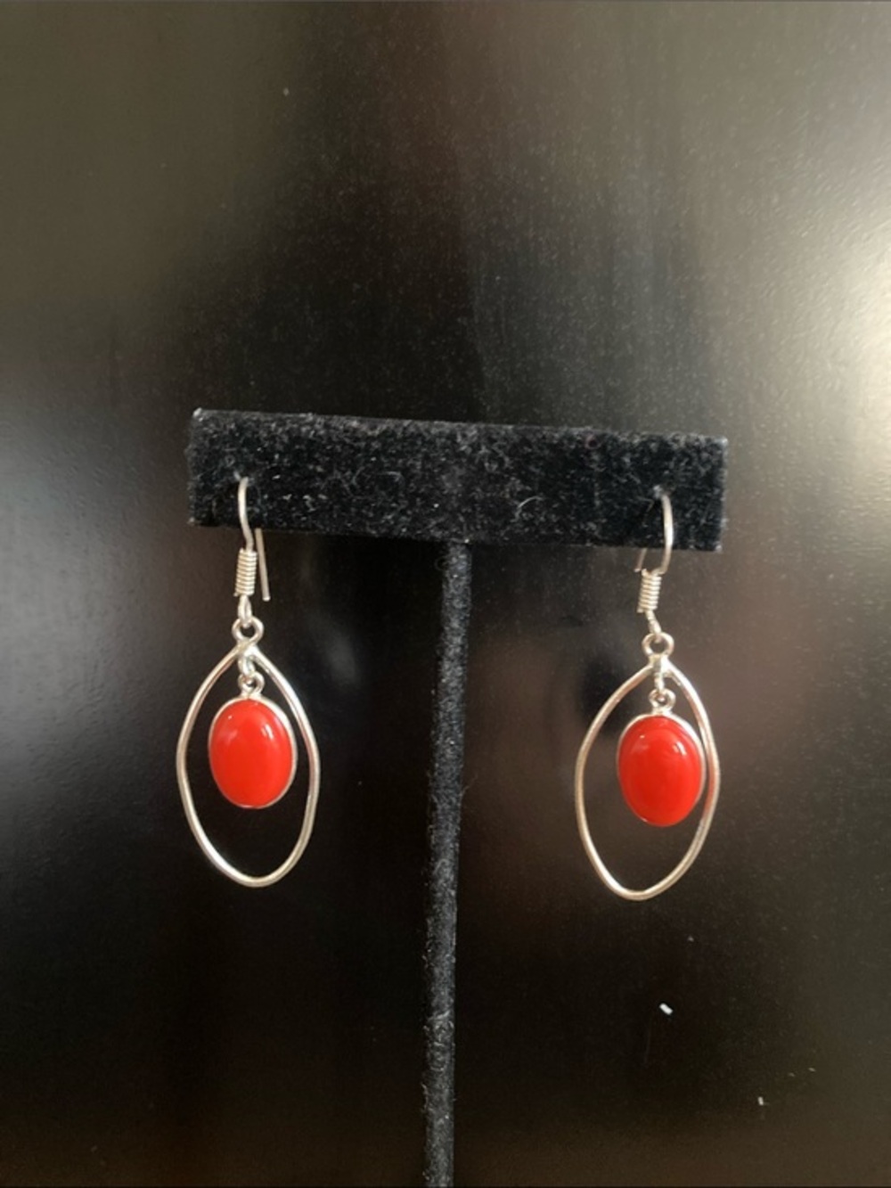 Silver Open Oval Earrings with Red Cabochon Drops